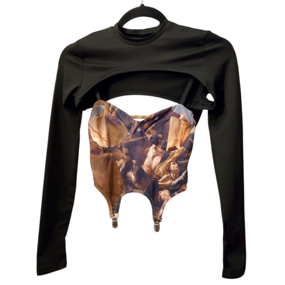 Renaissance corset crop top with black long sleeve top size S
